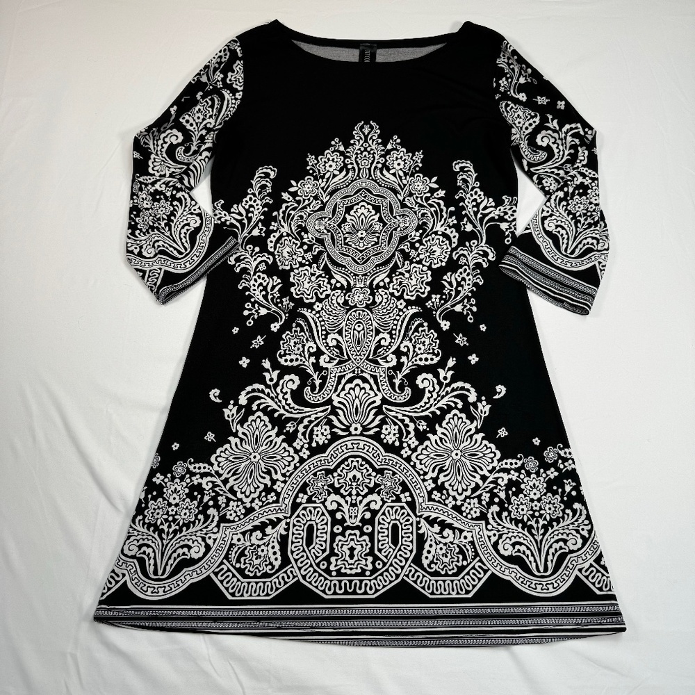 MT Collection 3/4 Sleeve Midi Dress Womens Size S Black Paisley Boat Neck